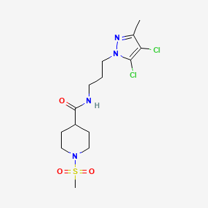 molecular formula C14H22Cl2N4O3S B4786179 N~4~-[3-(4,5-DICHLORO-3-METHYL-1H-PYRAZOL-1-YL)PROPYL]-1-(METHYLSULFONYL)-4-PIPERIDINECARBOXAMIDE 