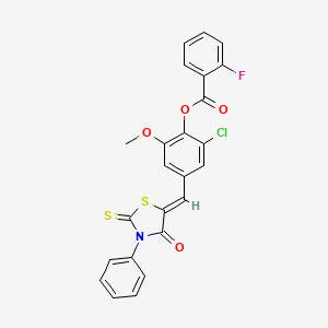 molecular formula C24H15ClFNO4S2 B4787533 [2-chloro-6-methoxy-4-[(Z)-(4-oxo-3-phenyl-2-sulfanylidene-1,3-thiazolidin-5-ylidene)methyl]phenyl] 2-fluorobenzoate 