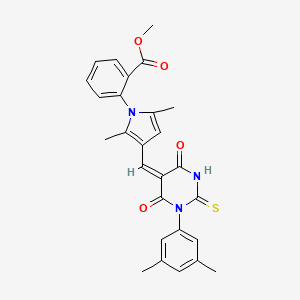 molecular formula C27H25N3O4S B4791178 methyl 2-(3-{(E)-[1-(3,5-dimethylphenyl)-4,6-dioxo-2-thioxotetrahydropyrimidin-5(2H)-ylidene]methyl}-2,5-dimethyl-1H-pyrrol-1-yl)benzoate 