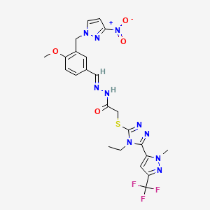 molecular formula C23H23F3N10O4S B4795322 2-({4-ETHYL-5-[1-METHYL-3-(TRIFLUOROMETHYL)-1H-PYRAZOL-5-YL]-4H-1,2,4-TRIAZOL-3-YL}SULFANYL)-N-((E)-1-{4-METHOXY-3-[(3-NITRO-1H-PYRAZOL-1-YL)METHYL]PHENYL}METHYLIDENE)ACETOHYDRAZIDE 