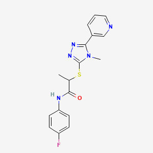 molecular formula C17H16FN5OS B4795796 N-(4-fluorophenyl)-2-{[4-methyl-5-(pyridin-3-yl)-4H-1,2,4-triazol-3-yl]sulfanyl}propanamide 
