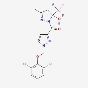 molecular formula C16H13Cl2F3N4O3 B4795899 {1-[(2,6-dichlorophenoxy)methyl]-1H-pyrazol-3-yl}[5-hydroxy-3-methyl-5-(trifluoromethyl)-4,5-dihydro-1H-pyrazol-1-yl]methanone 