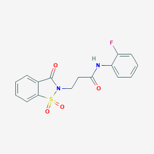 molecular formula C16H13FN2O4S B479631 3-(1,1-dioxido-3-oxo-1,2-benzisothiazol-2(3H)-yl)-N-(2-fluorophenyl)propanamide CAS No. 723741-12-6
