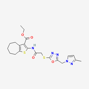 molecular formula C21H25N5O4S2 B4796668 ETHYL 2-{[2-({5-[(3-METHYL-1H-PYRAZOL-1-YL)METHYL]-1,3,4-OXADIAZOL-2-YL}SULFANYL)ACETYL]AMINO}-5,6,7,8-TETRAHYDRO-4H-CYCLOHEPTA[B]THIOPHENE-3-CARBOXYLATE 