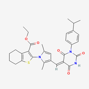 molecular formula C31H33N3O5S B4809980 ethyl 2-[2,5-dimethyl-3-[(Z)-[2,4,6-trioxo-1-(4-propan-2-ylphenyl)-1,3-diazinan-5-ylidene]methyl]pyrrol-1-yl]-4,5,6,7-tetrahydro-1-benzothiophene-3-carboxylate 
