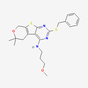 molecular formula C22H27N3O2S2 B4817148 5-benzylsulfanyl-N-(3-methoxypropyl)-12,12-dimethyl-11-oxa-8-thia-4,6-diazatricyclo[7.4.0.02,7]trideca-1(9),2,4,6-tetraen-3-amine 