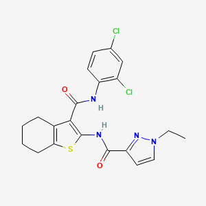 molecular formula C21H20Cl2N4O2S B4823193 N-(3-{[(2,4-dichlorophenyl)amino]carbonyl}-4,5,6,7-tetrahydro-1-benzothien-2-yl)-1-ethyl-1H-pyrazole-3-carboxamide 