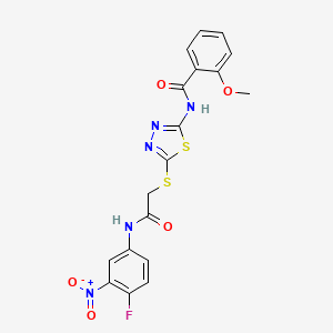molecular formula C18H14FN5O5S2 B4825582 N-[5-({2-[(4-fluoro-3-nitrophenyl)amino]-2-oxoethyl}thio)-1,3,4-thiadiazol-2-yl]-2-methoxybenzamide 