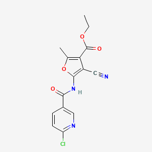 molecular formula C15H12ClN3O4 B4830286 ethyl 5-{[(6-chloro-3-pyridinyl)carbonyl]amino}-4-cyano-2-methyl-3-furoate 