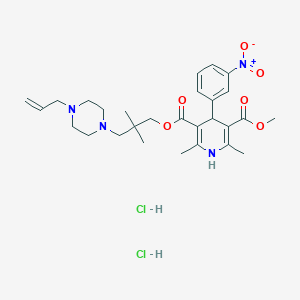molecular formula C28H40Cl2N4O6 B048347 3,5-Pyridinedicarboxylic acid, 1,4-dihydro-2,6-dimethyl-4-(3-nitrophenyl)-, 2,2-dimethyl-3-(4-(2-propenyl)-1-piperazinyl)propyl methyl ester, dihydrochloride CAS No. 117241-46-0