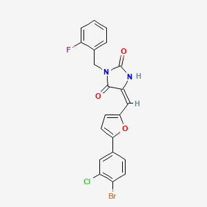 molecular formula C21H13BrClFN2O3 B4843480 (5E)-5-{[5-(4-bromo-3-chlorophenyl)furan-2-yl]methylidene}-3-(2-fluorobenzyl)imidazolidine-2,4-dione 