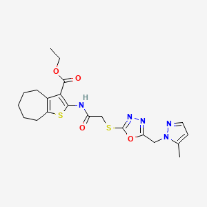 molecular formula C21H25N5O4S2 B4843743 ETHYL 2-{[2-({5-[(5-METHYL-1H-PYRAZOL-1-YL)METHYL]-1,3,4-OXADIAZOL-2-YL}SULFANYL)ACETYL]AMINO}-5,6,7,8-TETRAHYDRO-4H-CYCLOHEPTA[B]THIOPHENE-3-CARBOXYLATE 