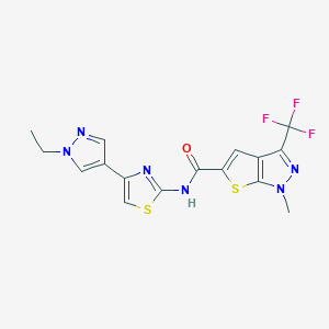 molecular formula C16H13F3N6OS2 B4843915 N~5~-[4-(1-ETHYL-1H-PYRAZOL-4-YL)-1,3-THIAZOL-2-YL]-1-METHYL-3-(TRIFLUOROMETHYL)-1H-THIENO[2,3-C]PYRAZOLE-5-CARBOXAMIDE 