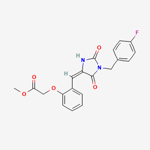 molecular formula C20H17FN2O5 B4847423 methyl 2-[2-[(E)-[1-[(4-fluorophenyl)methyl]-2,5-dioxoimidazolidin-4-ylidene]methyl]phenoxy]acetate 