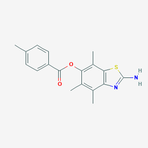 molecular formula C18H18N2O2S B048477 Benzoic acid,4-methyl-,2-amino-4,5,7-trimethyl-6-benzothiazolyl ester CAS No. 120164-18-3