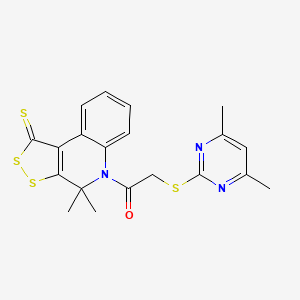 molecular formula C20H19N3OS4 B4853579 1-{4,4-DIMETHYL-1-SULFANYLIDENE-1H,4H,5H-[1,2]DITHIOLO[3,4-C]QUINOLIN-5-YL}-2-[(4,6-DIMETHYLPYRIMIDIN-2-YL)SULFANYL]ETHAN-1-ONE 