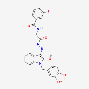 molecular formula C25H19FN4O5 B4857400 N-[2-[[1-(1,3-benzodioxol-5-ylmethyl)-2-hydroxyindol-3-yl]diazenyl]-2-oxoethyl]-3-fluorobenzamide 