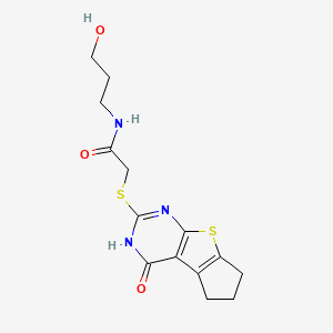 molecular formula C14H17N3O3S2 B4857475 N-(3-hydroxypropyl)-2-(4-oxo(3,5,6,7-tetrahydrocyclopenta[1,2-d]pyrimidino[4,5-b]thiophen-2-ylthio))acetamide 