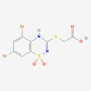 molecular formula C9H6Br2N2O4S2 B048575 3-[(Carboxymethyl)thio]-5,7-dibromo-4H-1,2,4-benzothiadiazine 1,1-dioxide CAS No. 114260-75-2