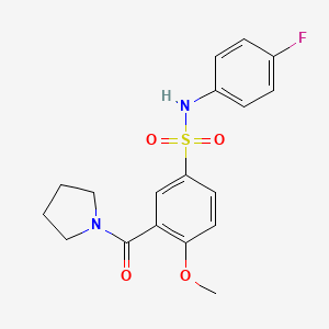 molecular formula C18H19FN2O4S B4857856 N-(4-fluorophenyl)-4-methoxy-3-(pyrrolidin-1-ylcarbonyl)benzenesulfonamide 