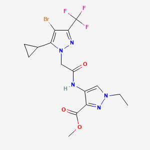 molecular formula C16H17BrF3N5O3 B4859206 METHYL 4-({2-[4-BROMO-5-CYCLOPROPYL-3-(TRIFLUOROMETHYL)-1H-PYRAZOL-1-YL]ACETYL}AMINO)-1-ETHYL-1H-PYRAZOLE-3-CARBOXYLATE 