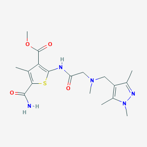molecular formula C18H25N5O4S B4859751 methyl 5-(aminocarbonyl)-4-methyl-2-({N-methyl-N-[(1,3,5-trimethyl-1H-pyrazol-4-yl)methyl]glycyl}amino)-3-thiophenecarboxylate 