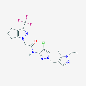 molecular formula C19H21ClF3N7O B4863224 N-{4-chloro-1-[(1-ethyl-5-methyl-1H-pyrazol-4-yl)methyl]-1H-pyrazol-3-yl}-2-[3-(trifluoromethyl)-5,6-dihydrocyclopenta[c]pyrazol-1(4H)-yl]acetamide 