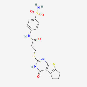 molecular formula C18H18N4O4S3 B4863488 N-[4-(aminosulfonyl)phenyl]-3-[(4-oxo-3,5,6,7-tetrahydro-4H-cyclopenta[4,5]thieno[2,3-d]pyrimidin-2-yl)thio]propanamide 