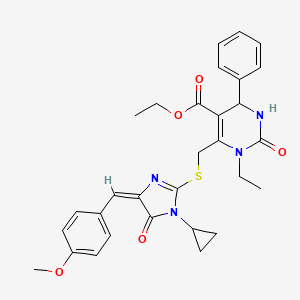 molecular formula C30H32N4O5S B4871905 ETHYL 6-[({1-CYCLOPROPYL-4-[(E)-1-(4-METHOXYPHENYL)METHYLIDENE]-5-OXO-4,5-DIHYDRO-1H-IMIDAZOL-2-YL}SULFANYL)METHYL]-1-ETHYL-2-OXO-4-PHENYL-1,2,3,4-TETRAHYDRO-5-PYRIMIDINECARBOXYLATE 
