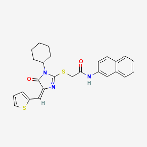 molecular formula C26H25N3O2S2 B4872941 2-({1-CYCLOHEXYL-5-OXO-4-[(E)-1-(2-THIENYL)METHYLIDENE]-4,5-DIHYDRO-1H-IMIDAZOL-2-YL}SULFANYL)-N-(2-NAPHTHYL)ACETAMIDE 
