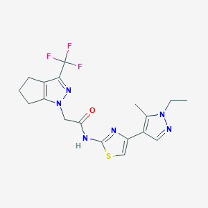 molecular formula C18H19F3N6OS B4873117 N-[4-(1-ethyl-5-methyl-1H-pyrazol-4-yl)-1,3-thiazol-2-yl]-2-[3-(trifluoromethyl)-5,6-dihydrocyclopenta[c]pyrazol-1(4H)-yl]acetamide 
