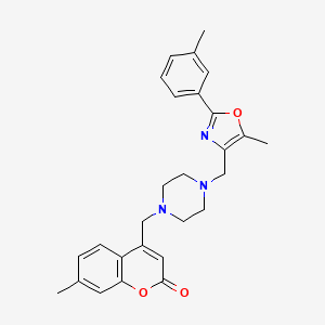 molecular formula C27H29N3O3 B4873263 7-methyl-4-[(4-{[5-methyl-2-(3-methylphenyl)-1,3-oxazol-4-yl]methyl}piperazin-1-yl)methyl]-2H-chromen-2-one 
