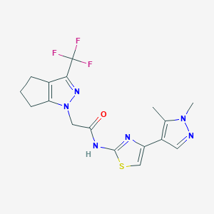 molecular formula C17H17F3N6OS B4873454 N-[4-(1,5-dimethyl-1H-pyrazol-4-yl)-1,3-thiazol-2-yl]-2-[3-(trifluoromethyl)-5,6-dihydrocyclopenta[c]pyrazol-1(4H)-yl]acetamide 