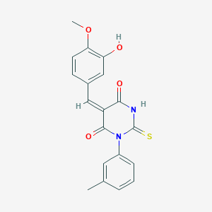 molecular formula C19H16N2O4S B4873676 (5E)-5-[(3-hydroxy-4-methoxyphenyl)methylidene]-1-(3-methylphenyl)-2-sulfanylidene-1,3-diazinane-4,6-dione 