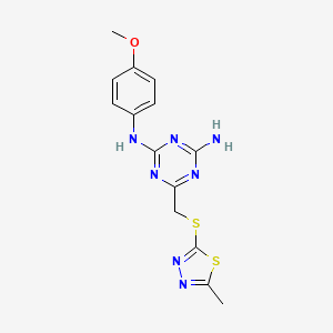 molecular formula C14H15N7OS2 B4874987 N-(4-Methoxy-phenyl)-6-(5-methyl-[1,3,4]thiadiazol-2-ylsulfanylmethyl)-[1,3,5]triazine-2,4-diamine 