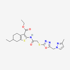 molecular formula C22H27N5O4S2 B4875022 ETHYL 6-ETHYL-2-{[2-({5-[(3-METHYL-1H-PYRAZOL-1-YL)METHYL]-1,3,4-OXADIAZOL-2-YL}SULFANYL)ACETYL]AMINO}-4,5,6,7-TETRAHYDRO-1-BENZOTHIOPHENE-3-CARBOXYLATE 