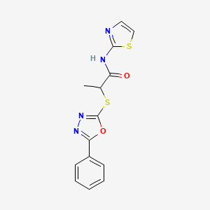 molecular formula C14H12N4O2S2 B4876642 2-[(5-phenyl-1,3,4-oxadiazol-2-yl)sulfanyl]-N-(1,3-thiazol-2-yl)propanamide 