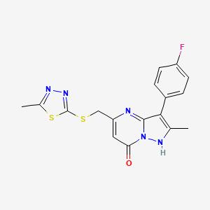 molecular formula C17H14FN5OS2 B4879503 3-(4-fluorophenyl)-2-methyl-5-{[(5-methyl-1,3,4-thiadiazol-2-yl)sulfanyl]methyl}pyrazolo[1,5-a]pyrimidin-7(4H)-one 
