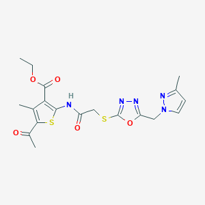 molecular formula C19H21N5O5S2 B4879506 ETHYL 5-ACETYL-4-METHYL-2-{[2-({5-[(3-METHYL-1H-PYRAZOL-1-YL)METHYL]-1,3,4-OXADIAZOL-2-YL}SULFANYL)ACETYL]AMINO}-3-THIOPHENECARBOXYLATE 