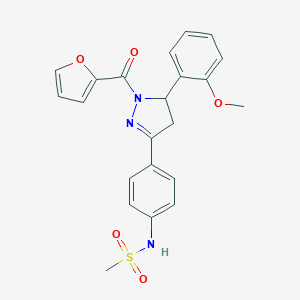 molecular formula C22H21N3O5S B488609 N-{4-[1-(2-furoyl)-5-(2-methoxyphenyl)-4,5-dihydro-1H-pyrazol-3-yl]phenyl}methanesulfonamide 