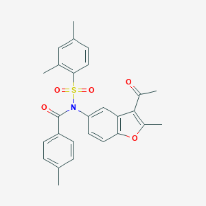molecular formula C27H25NO5S B489142 N-(3-acetyl-2-methyl-1-benzofuran-5-yl)-2,4-dimethyl-N-(4-methylbenzoyl)benzenesulfonamide CAS No. 518321-17-0