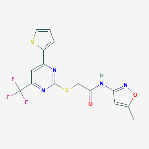 molecular formula C15H11F3N4O2S2 B489635 N-(5-Methyl-isoxazol-3-yl)-2-(4-thiophen-2-yl-6-trifluoromethyl-pyrimidin-2-ylsulfanyl)-acetamide CAS No. 505056-50-8