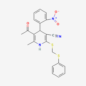 molecular formula C22H19N3O3S2 B4905561 5-Acetyl-6-methyl-4-(2-nitrophenyl)-2-(phenylsulfanylmethylsulfanyl)-1,4-dihydropyridine-3-carbonitrile 