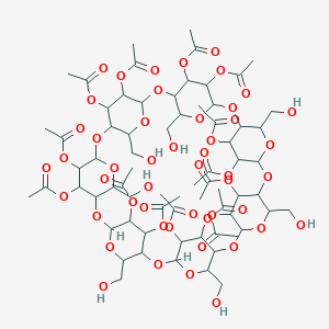 molecular formula C70H98O49 B049172 [37,38,39,40,41,42,43,44,45,46,47,48,49-Tridecaacetyloxy-5,10,15,20,25,30,35-heptakis(hydroxymethyl)-2,4,7,9,12,14,17,19,22,24,27,29,32,34-tetradecaoxaoctacyclo[31.2.2.23,6.28,11.213,16.218,21.223,26.228,31]nonatetracontan-36-yl] acetate CAS No. 116389-66-3
