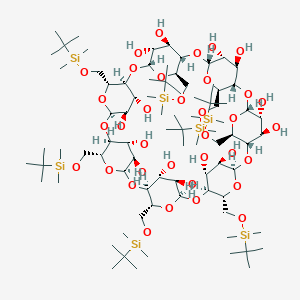 molecular formula C84H168O35Si7 B049175 (1S,3R,5R,6S,8R,10R,11S,13R,15R,16S,18R,20R,21S,23R,25R,26S,28R,30R,31S,33R,35R,36R,37R,38R,39R,40R,41R,42R,43R,44R,45R,46R,47R,48R,49R)-5,10,15,20,25,30,35-heptakis[[tert-butyl(dimethyl)silyl]oxymethyl]-2,4,7,9,12,14,17,19,22,24,27,29,32,34-tetradecaoxaoctacyclo[31.2.2.23,6.28,11.213,16.218,21.223,26.228,31]nonatetracontane-36,37,38,39,40,41,42,43,44,45,46,47,48,49-tetradecol CAS No. 123155-03-3