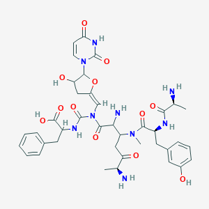 molecular formula C39H49N9O12 B049178 2-[[[(6S)-2,6-二氨基-3-[[(2S)-2-[[(2S)-2-氨基丙酰]氨基]-3-(3-羟基苯基)丙酰]-甲基氨基]-5-氧代庚酰]-[(E)-[5-(2,4-二氧嘧啶-1-基)-4-羟基氧杂环-2-亚烷基]甲基]氨基甲酰基]氨基]-3-苯基丙酸 CAS No. 121264-06-0