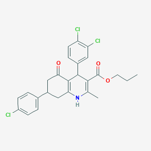 molecular formula C26H24Cl3NO3 B4919752 Propyl 7-(4-chlorophenyl)-4-(3,4-dichlorophenyl)-2-methyl-5-oxo-1,4,5,6,7,8-hexahydroquinoline-3-carboxylate 