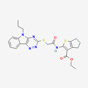 molecular formula C24H25N5O3S2 B4920696 ETHYL 2-[2-({5-PROPYL-5H-[1,2,4]TRIAZINO[5,6-B]INDOL-3-YL}SULFANYL)ACETAMIDO]-4H,5H,6H-CYCLOPENTA[B]THIOPHENE-3-CARBOXYLATE 
