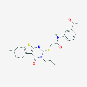 molecular formula C24H25N3O3S2 B492636 N-(3-acetylphenyl)-2-[(7-methyl-4-oxo-3-prop-2-enyl-5,6,7,8-tetrahydro-[1]benzothiolo[2,3-d]pyrimidin-2-yl)sulfanyl]acetamide CAS No. 667912-97-2