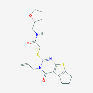 molecular formula C19H23N3O3S2 B492641 N-(Oxolan-2-ylmethyl)-2-[(12-oxo-11-prop-2-enyl-7-thia-9,11-diazatricyclo[6.4.0.02,6]dodeca-1(8),2(6),9-trien-10-yl)sulfanyl]acetamide CAS No. 667912-99-4